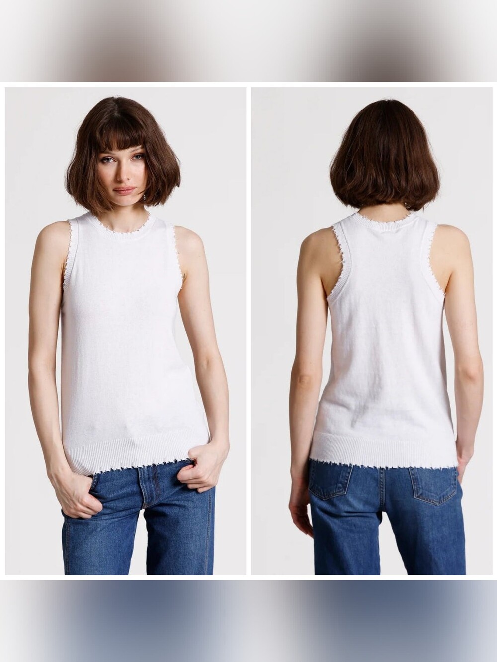 Minnie Rose Cotton Cashmere Frayed Tank, White, Large, $104